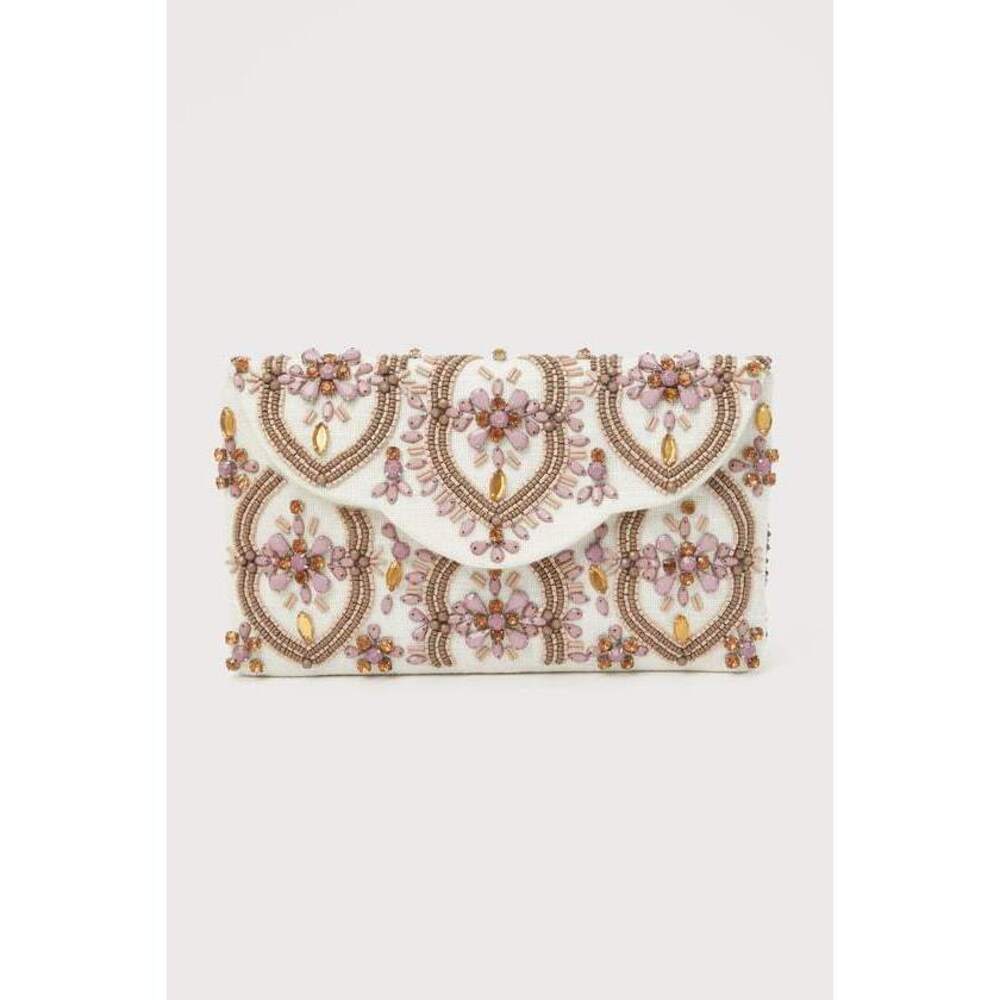 Lulus Unrivaled Aesthetic Ivory And Mauve Rhinestone Beaded Clutch White